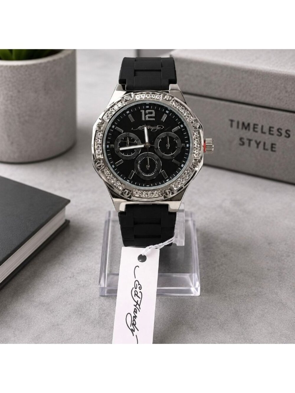 Ed Hardy Mens Black Dial Watch Rhinestone Bezel w Silicone Band NIB